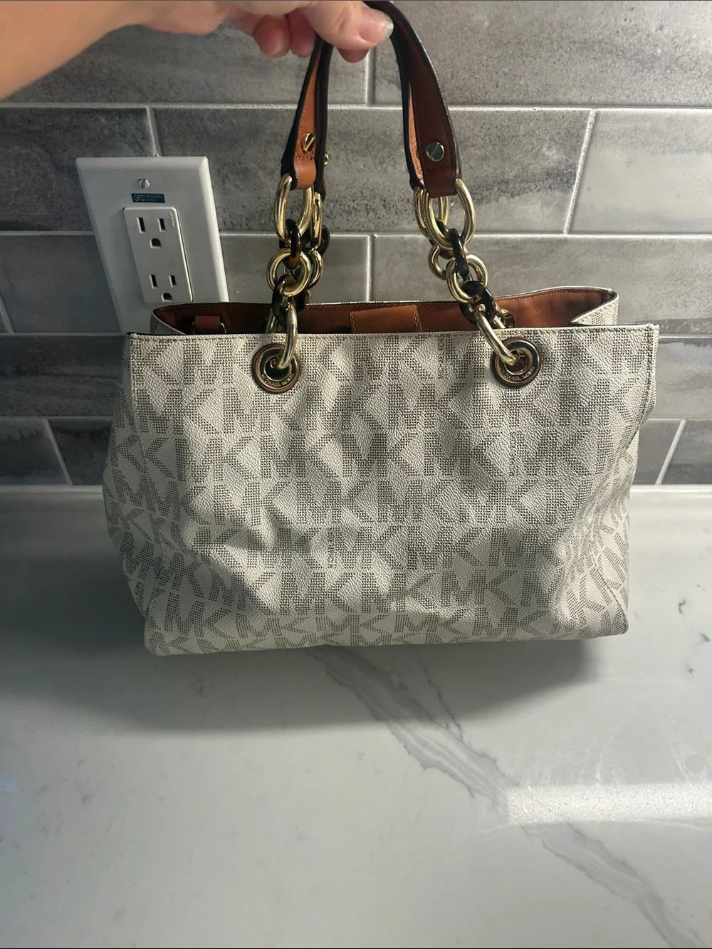 Michael Kors Cynthia Cream MK Logo Tote with Gold Hardware